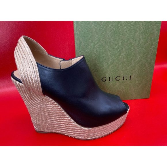 GUCCI Tiffany Black Leather Espadrille Wedge Peep Toe Sandals Size EU 41 - Picture 1 of 16